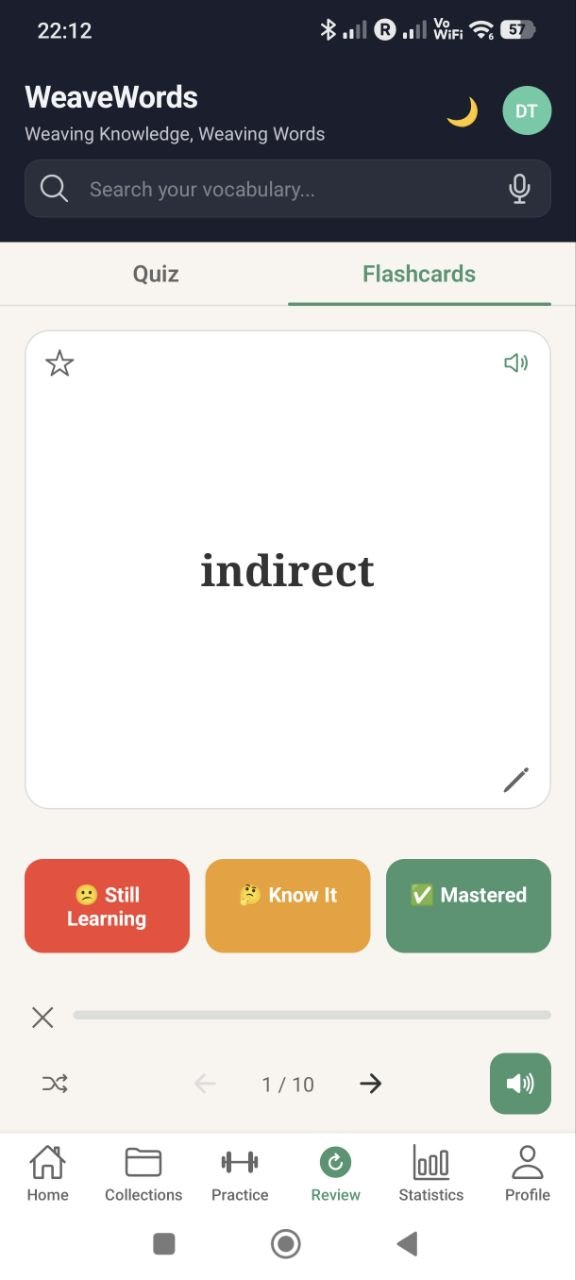 WeaveWords flashcard practice on mobile