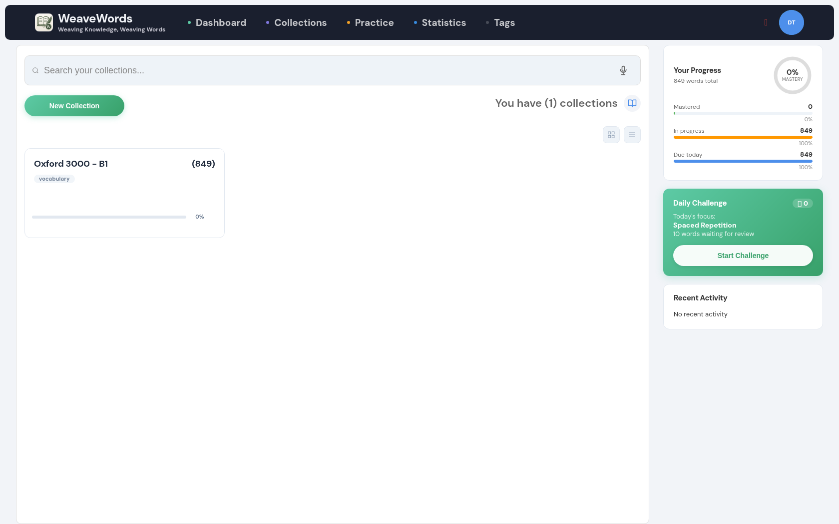 WeaveWords Collections page showing a collection card with word count and mastery percentage