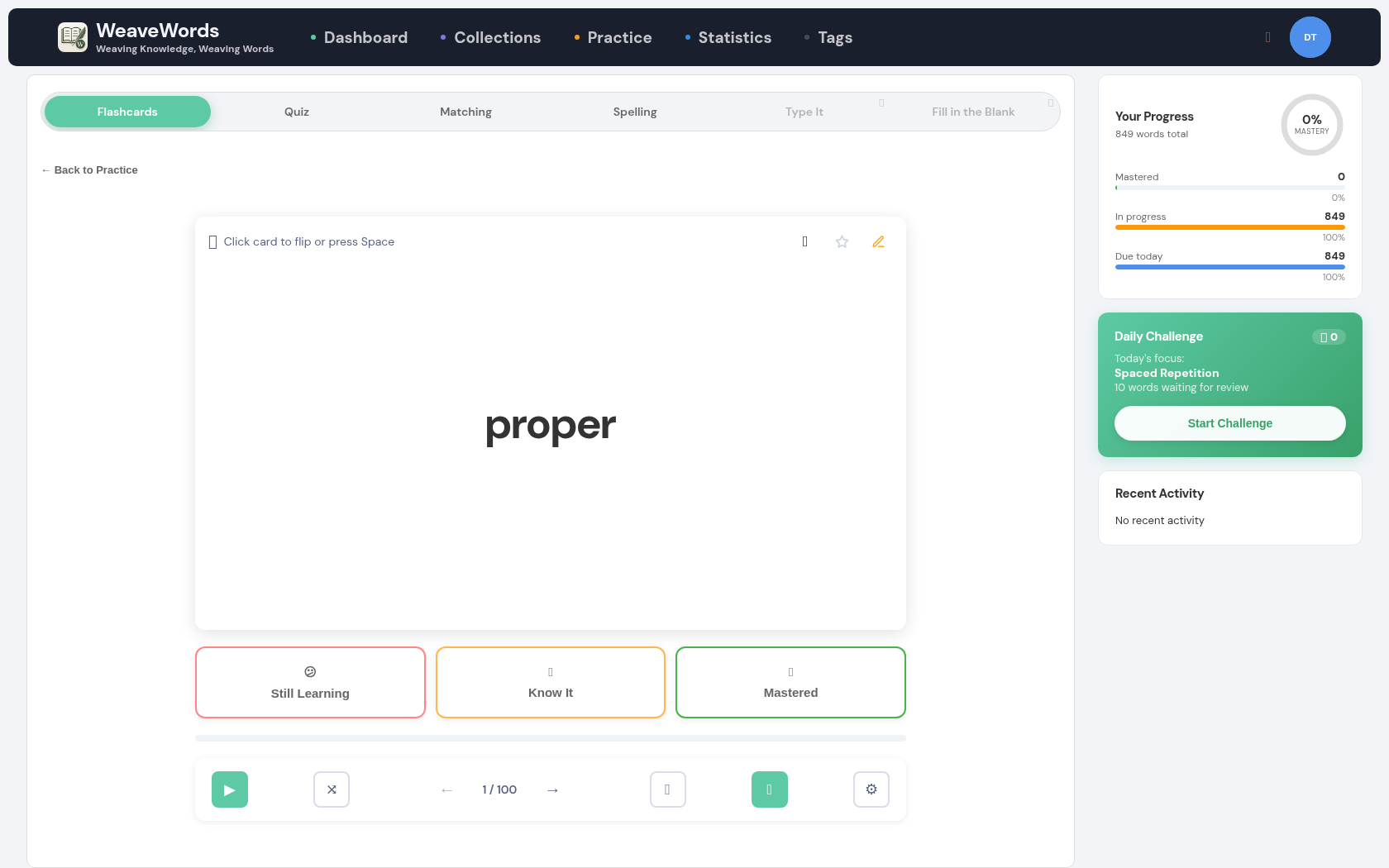 WeaveWords Flashcards mode showing a word card and Still Learning / Know It / Mastered rating buttons