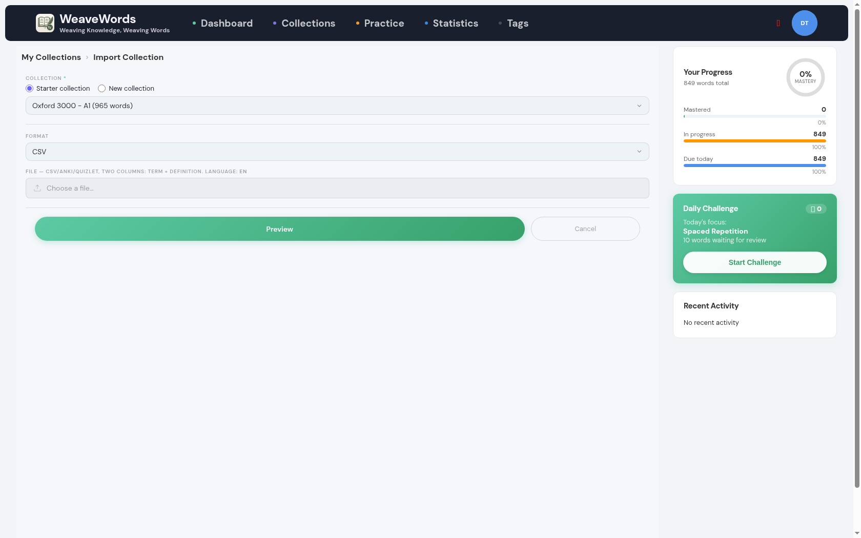WeaveWords import wizard with source selection for CSV, Anki, Quizlet, and ReWord