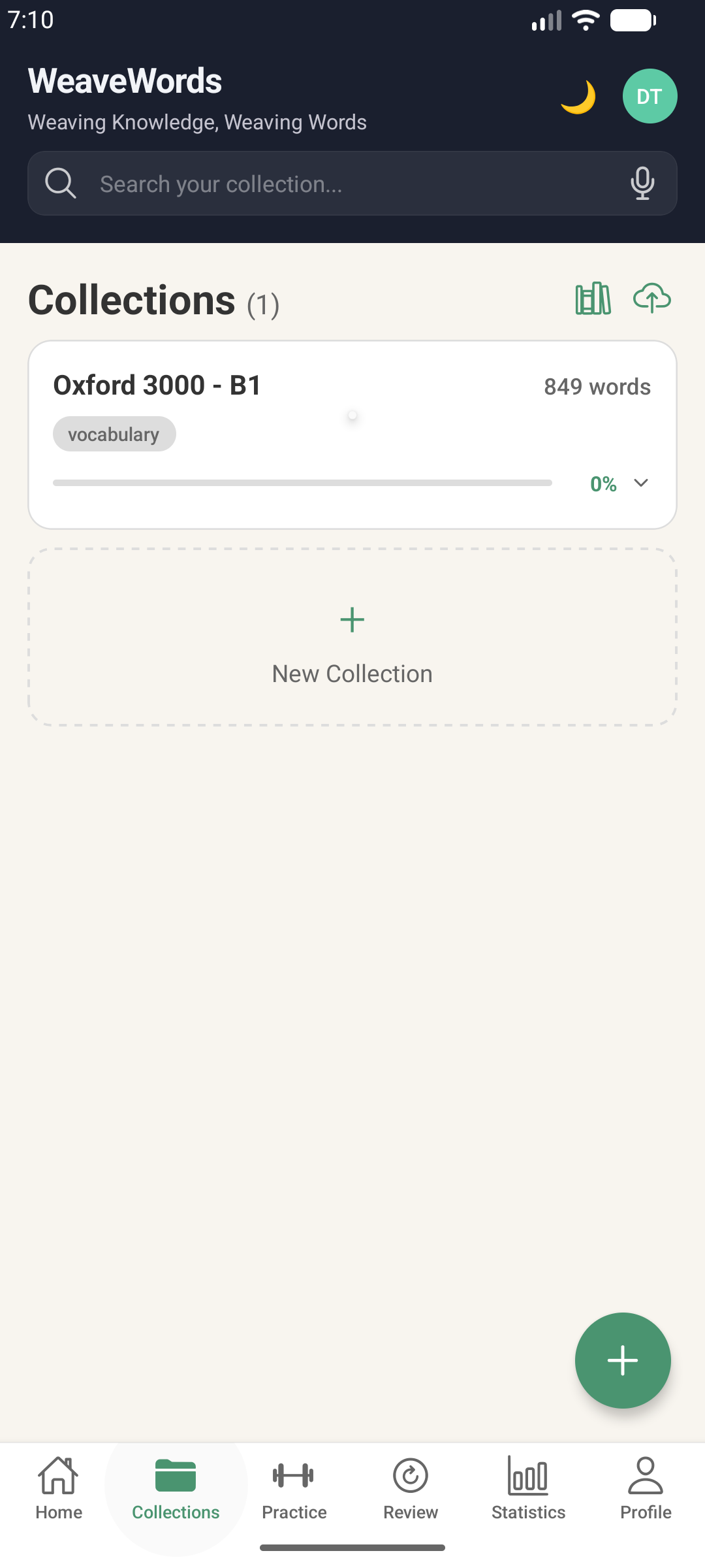 WeaveWords mobile app Collections screen