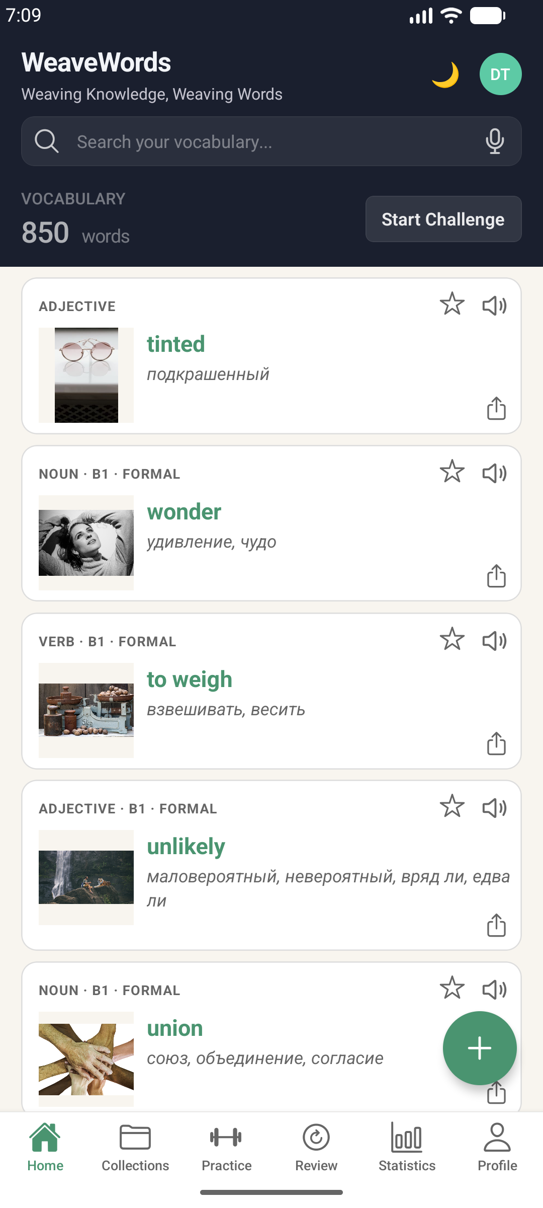 WeaveWords mobile app dashboard, showing vocabulary word cards