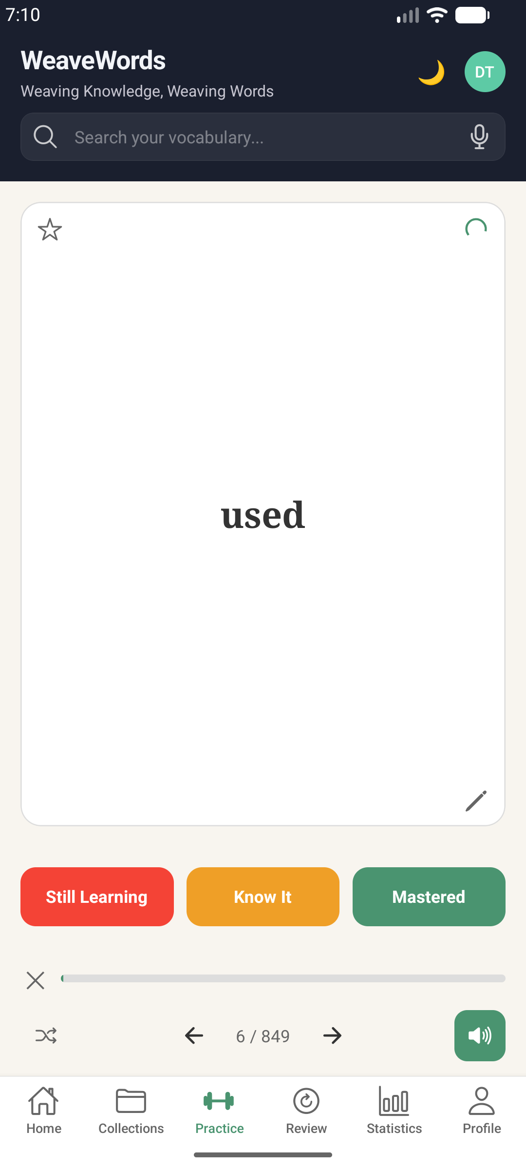 WeaveWords mobile app Flashcards practice mode with rating buttons