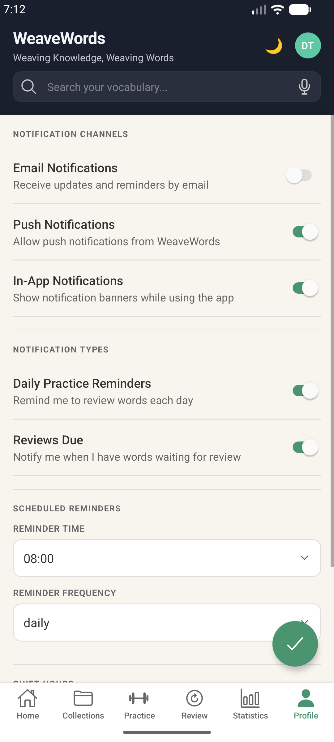 WeaveWords mobile app Notification Settings screen with channels, reminder time, and frequency