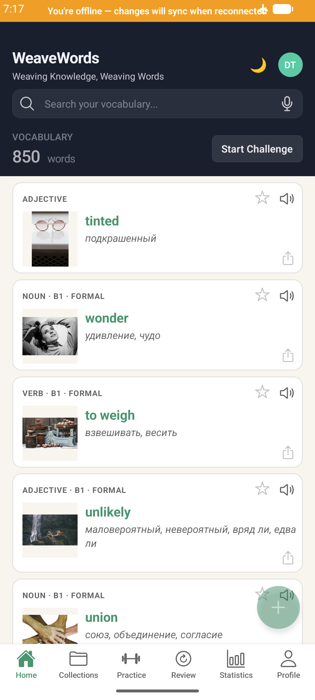 WeaveWords mobile app showing a You're offline, changes will sync when reconnected banner