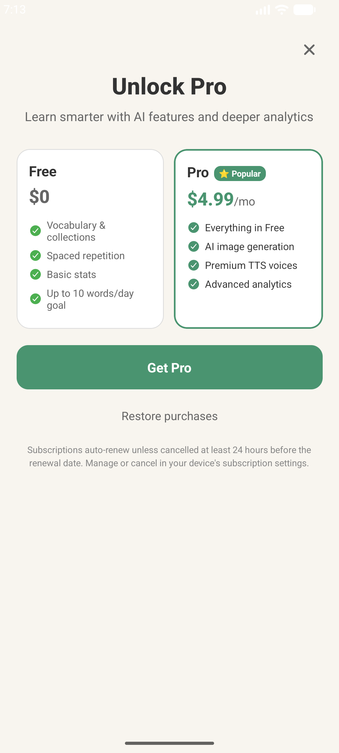 WeaveWords mobile app Unlock Pro paywall screen comparing Free and Pro plans at $4.99 per month