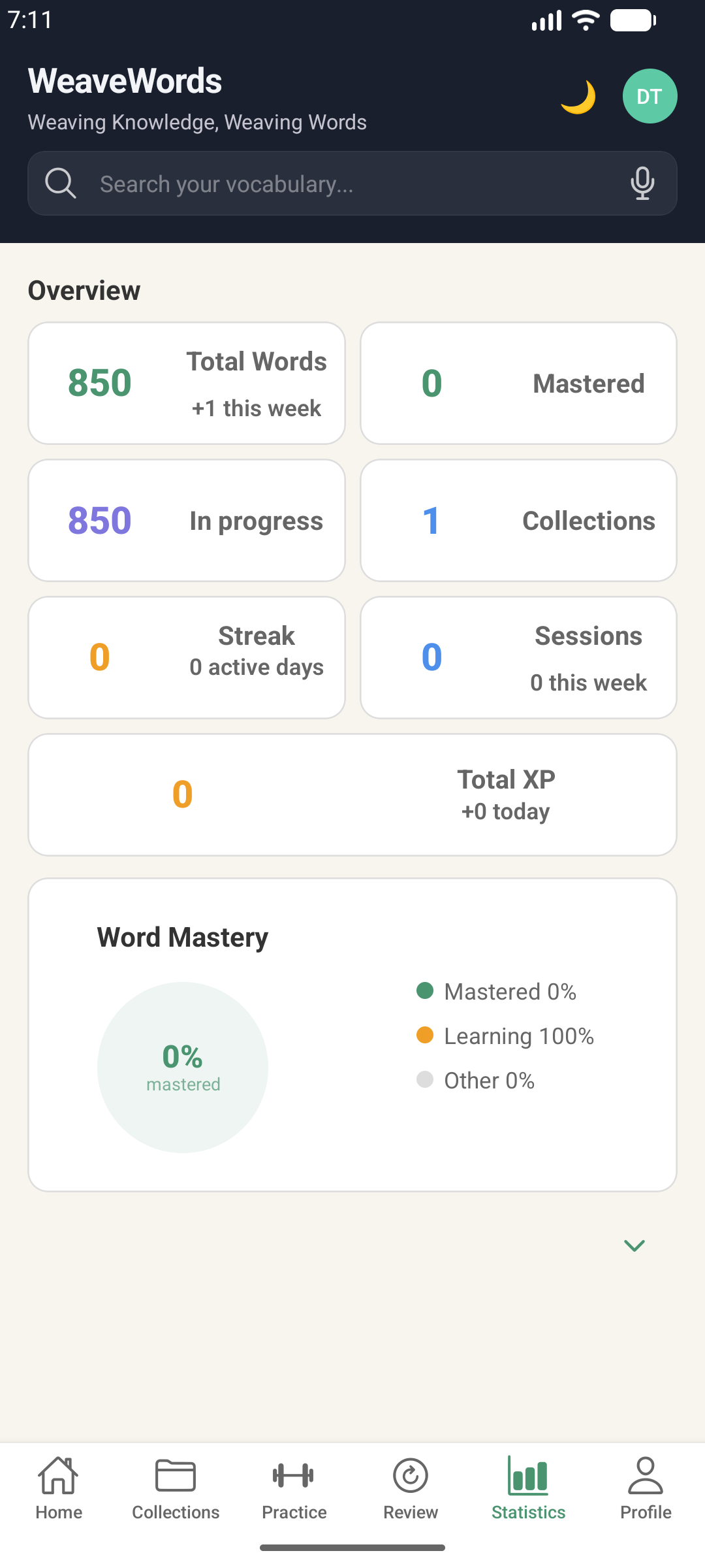 WeaveWords mobile app Statistics screen with totals, streak, and word mastery
