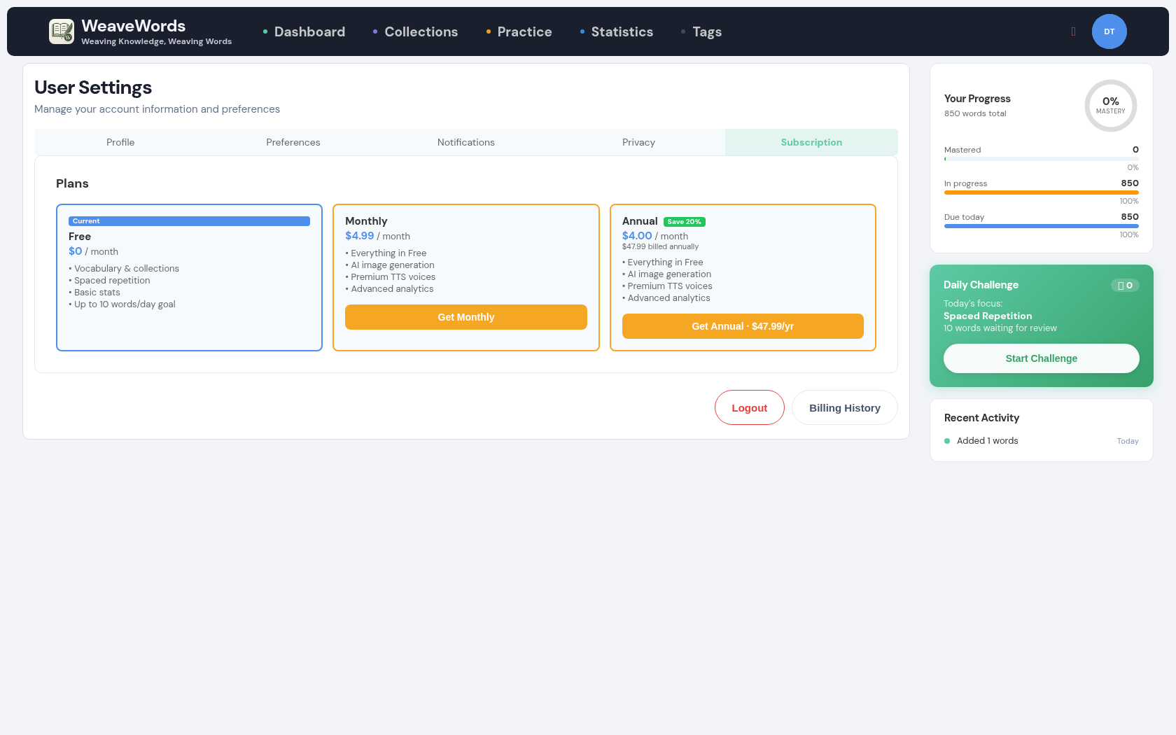 WeaveWords Subscription tab in Profile Settings showing plan options