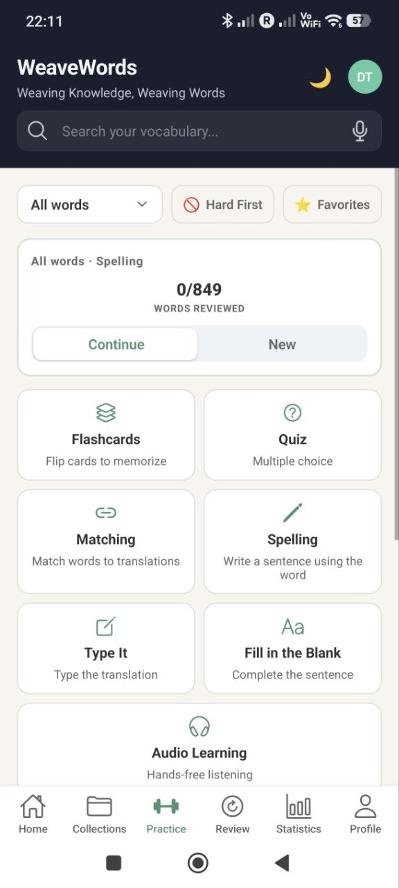 WeaveWords practice modes on mobile